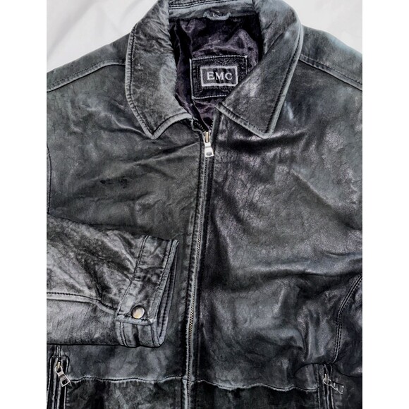 EMC Men's 100% Black Leather Moto Bomber Jacket Large Soft - Picture 1 of 6